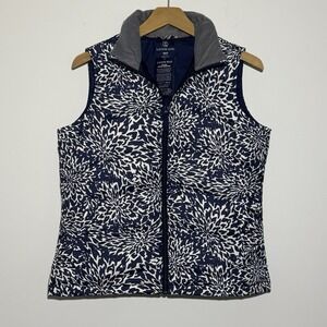 LANDS END Women's XS Puffer Vest Down Quilted Navy White Floral Zip NWT Preppy